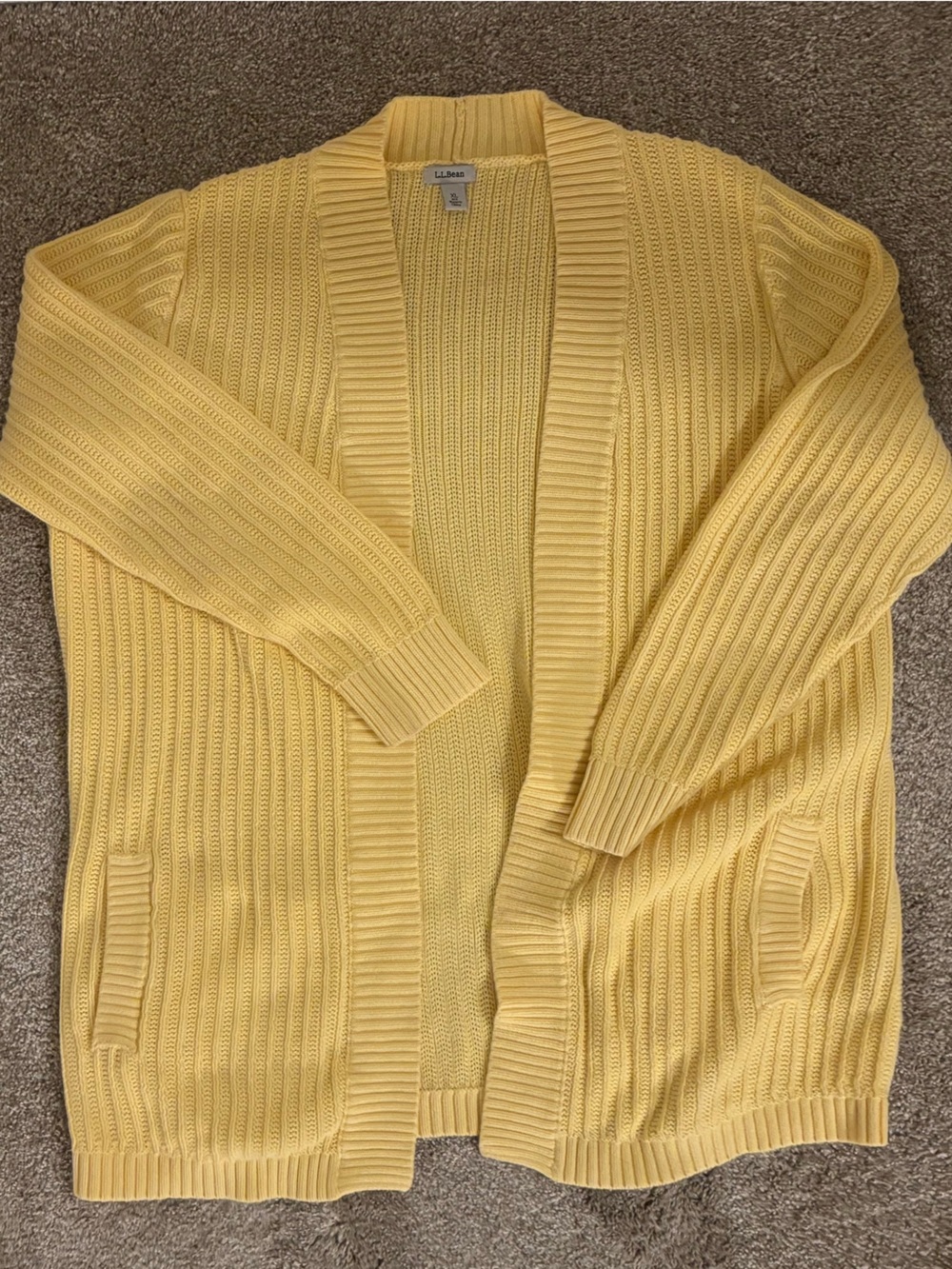 L.L. Bean Cotton Open Front Cardigan XL Butter Yellow Chunky Knit Cottagecore - Picture 4 of 8